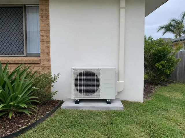 Outdoor air conditioner unit on a concrete pad beside a white house wall in Burleigh Heads